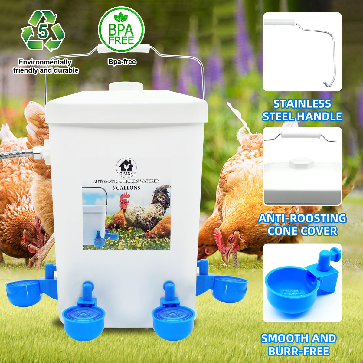 GIFANK waterer stand-leg option elevates for comfortable flock access.