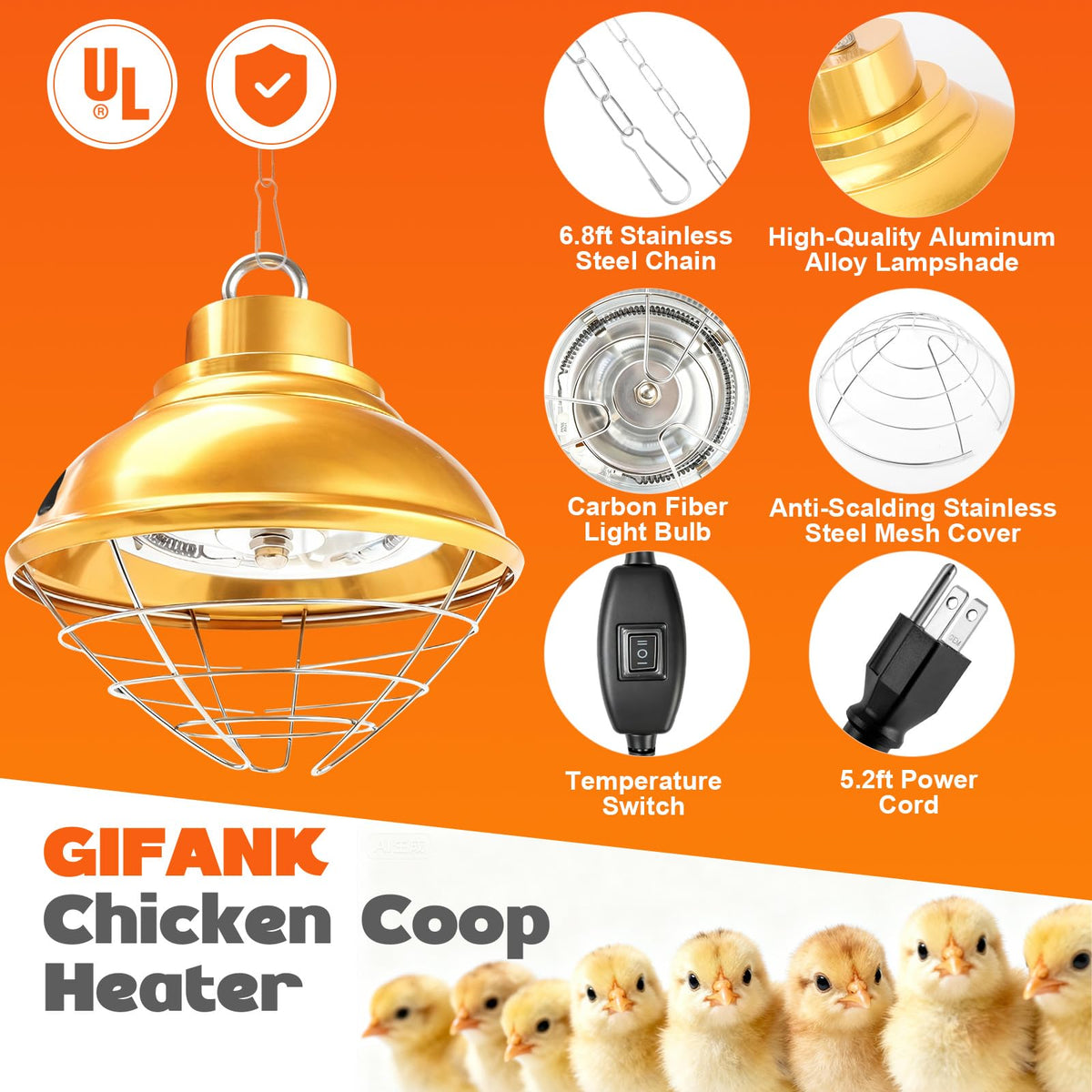 GIFANK coop heater infrared 175/350W shows adjustable power for varying poultry needs.