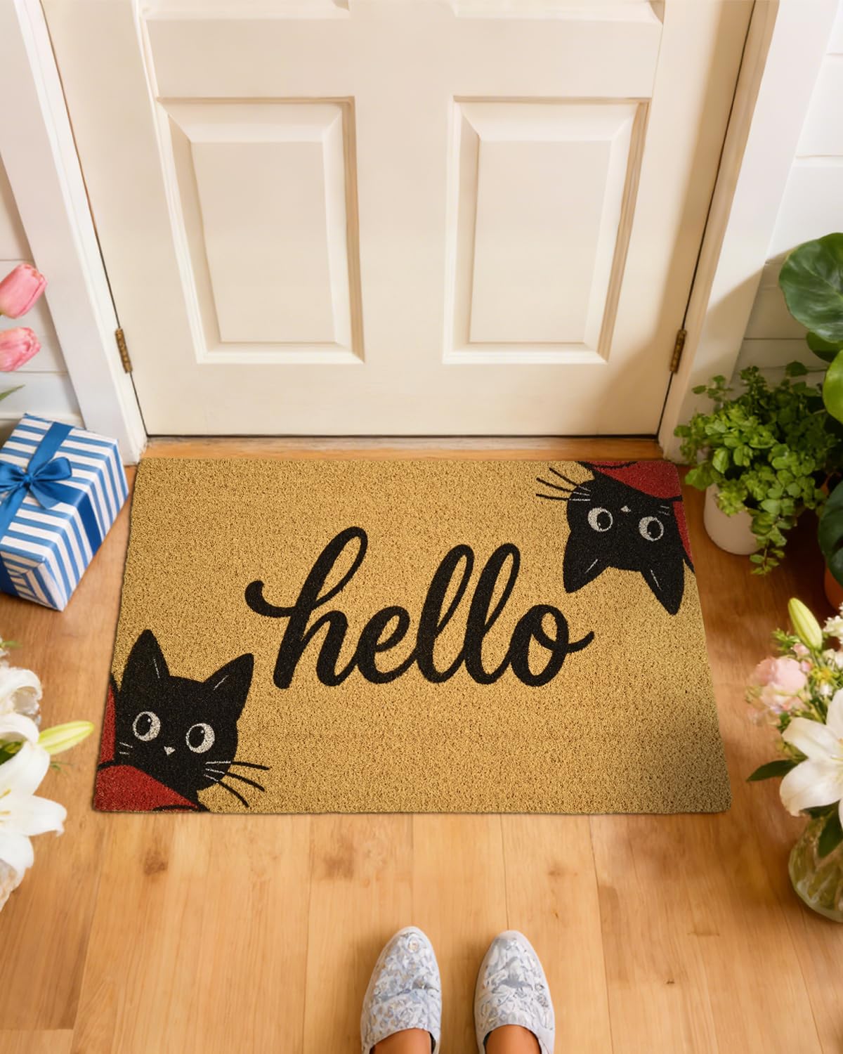 Gifeas faux coco coir mat with non-slip backing stays in place at entry.