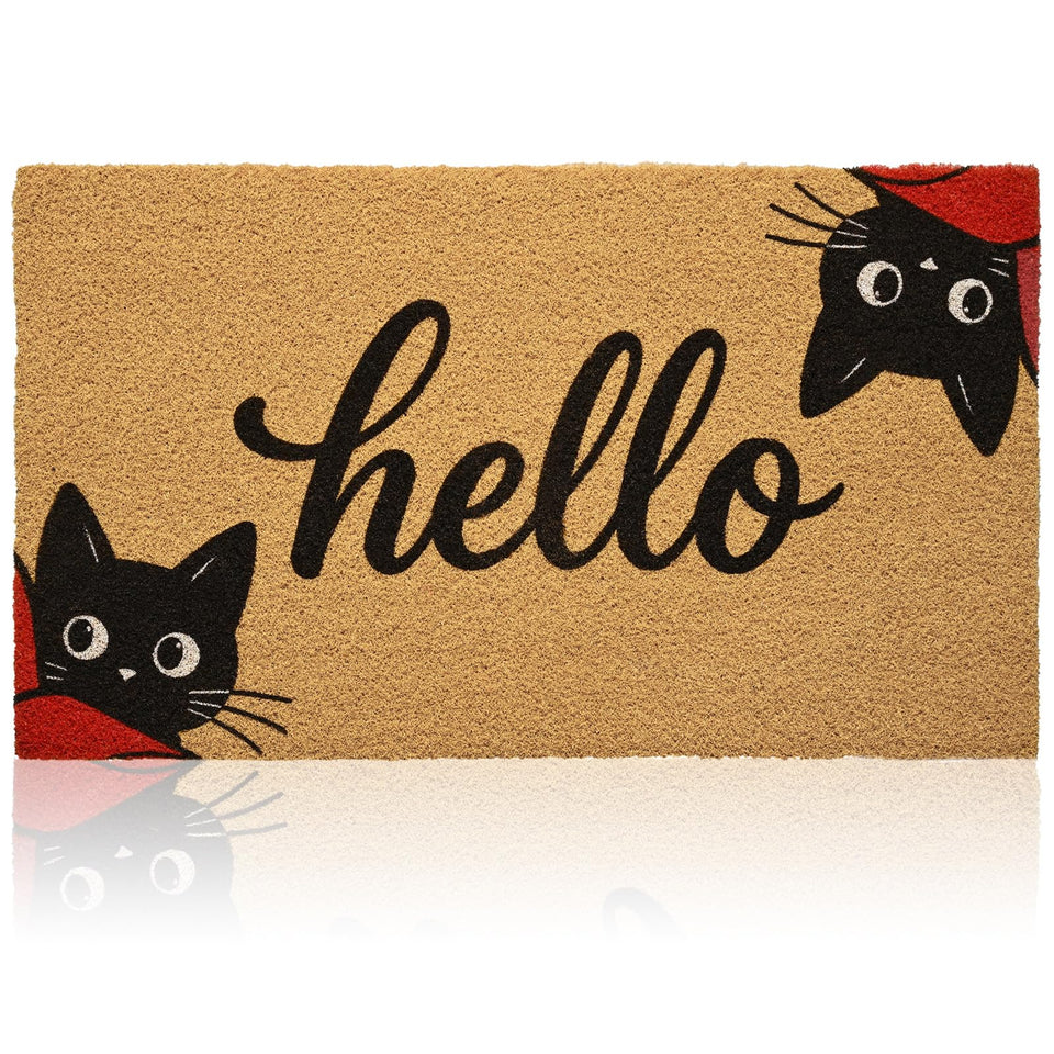 Gifeas Hello Black Cat welcome mat greets guests and keeps dirt at the doorstep.