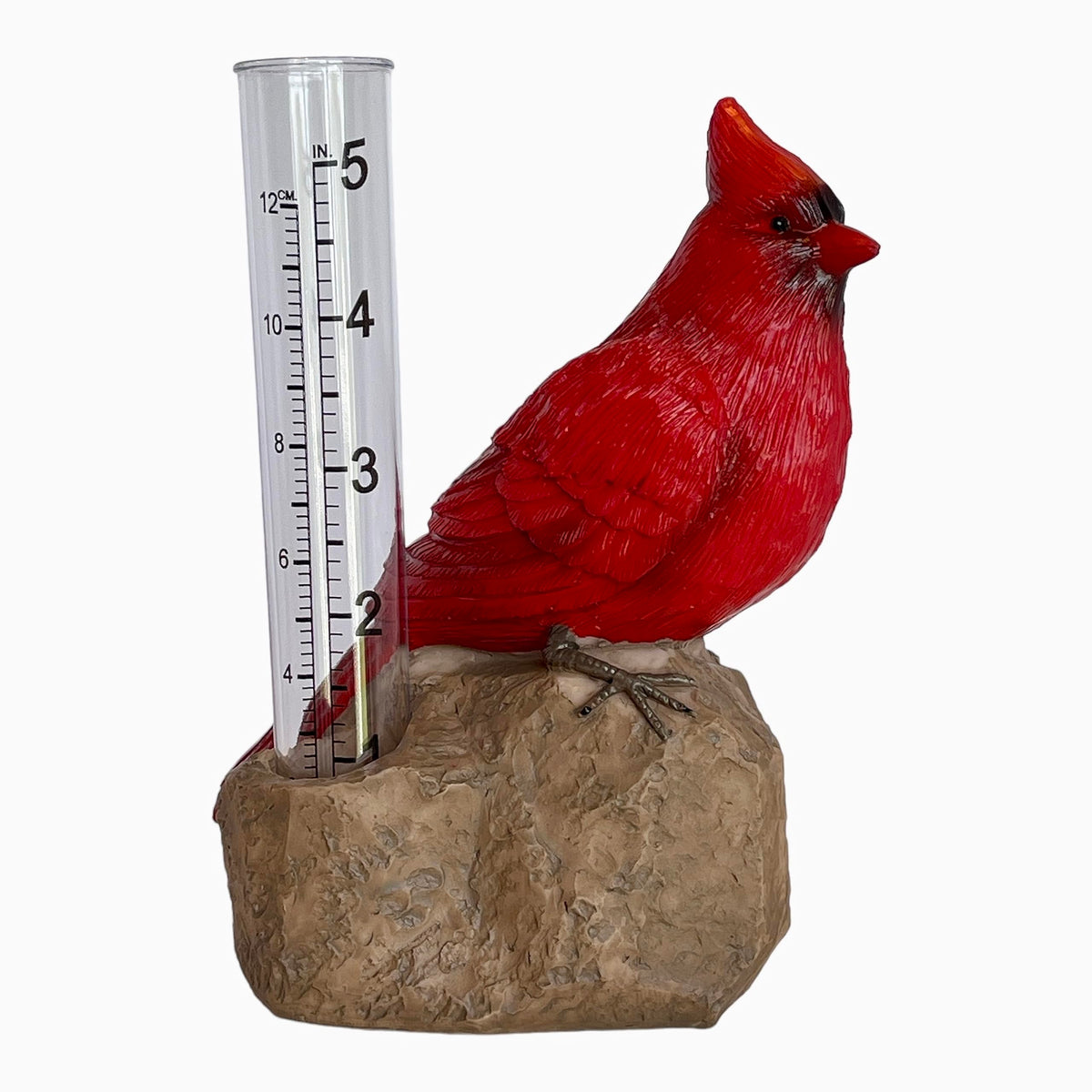Gift Essentials Cardinal Rain Gauge front view adds garden charm while tracking rainfall