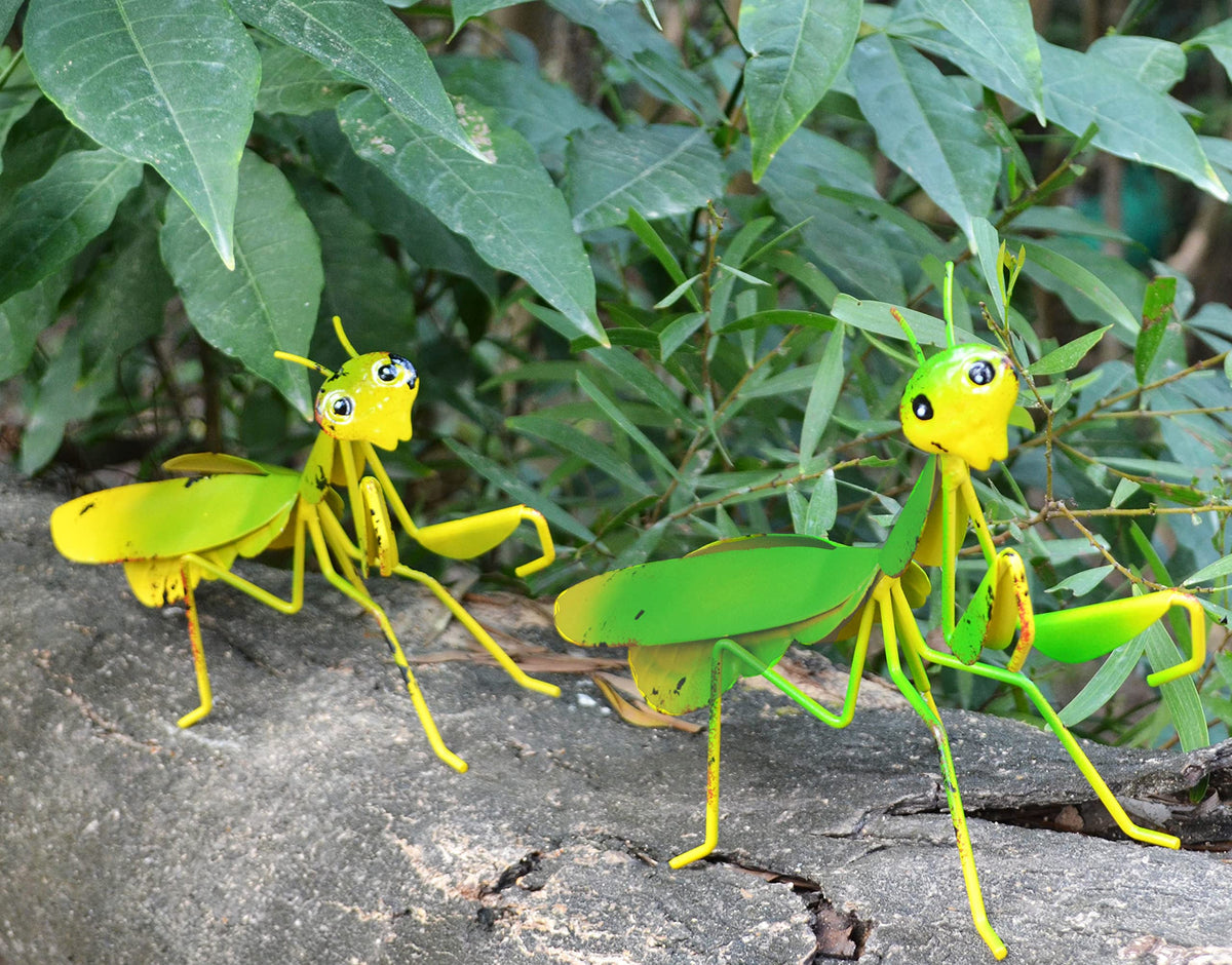 GIFTME 5 metal praying mantis garden ornament two-piece front view for outdoor display