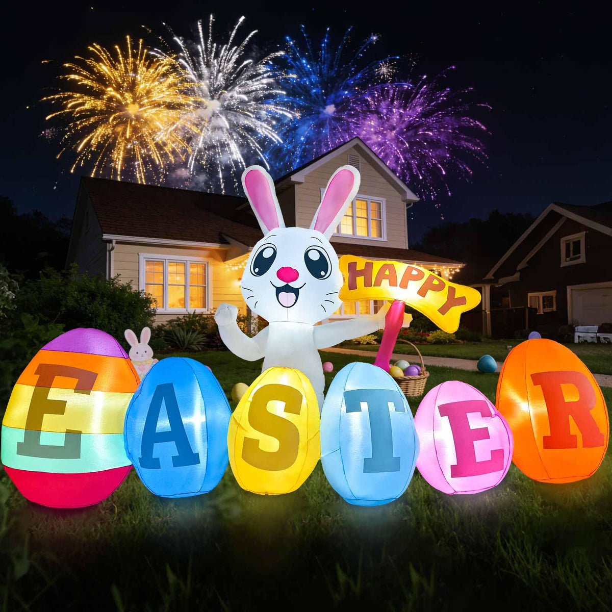 GIGLIM colorful Easter eggs and bunny dominate cheerful yard display.