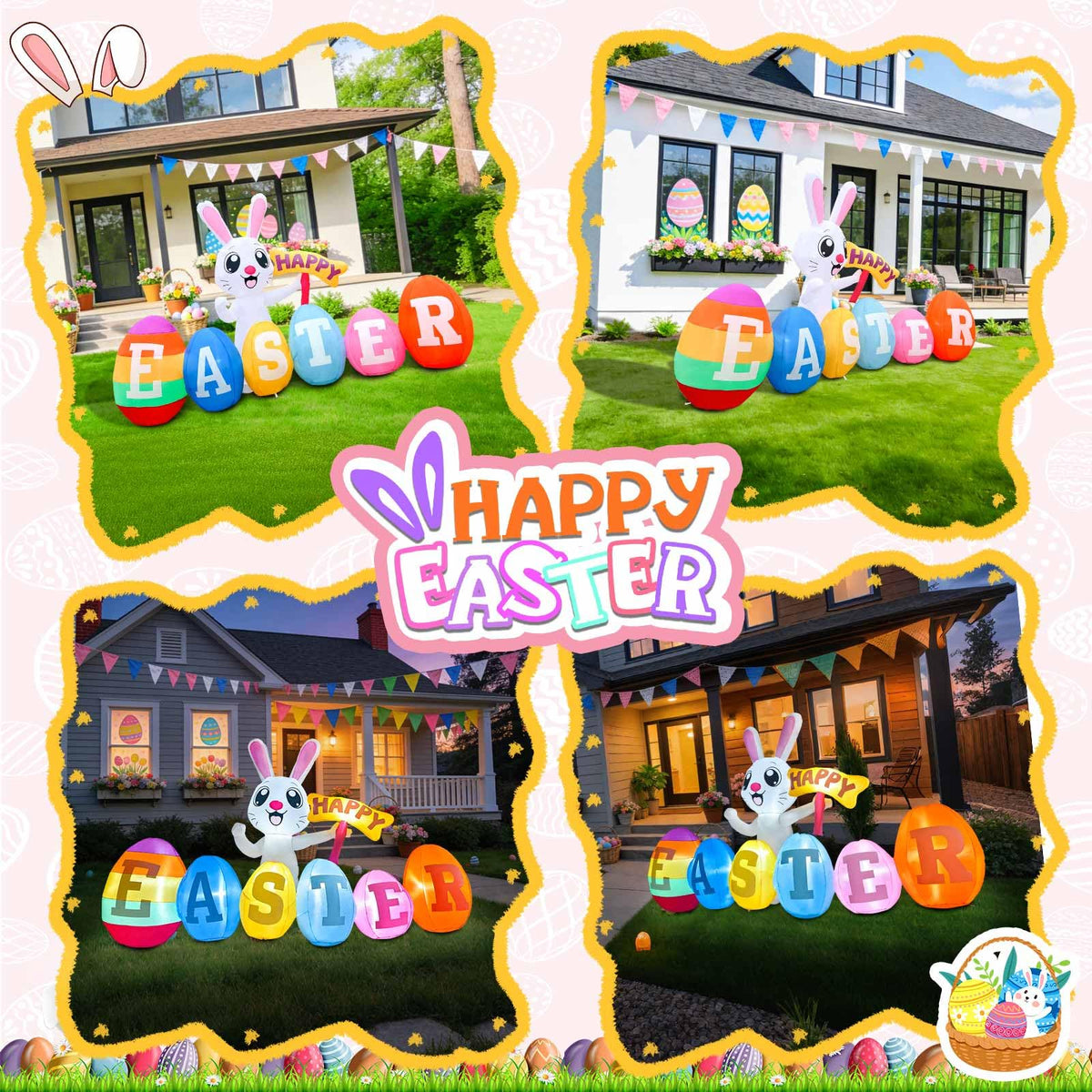 GIGLIM Easter Bunny with eggs display shines at dusk for welcoming yard glow.