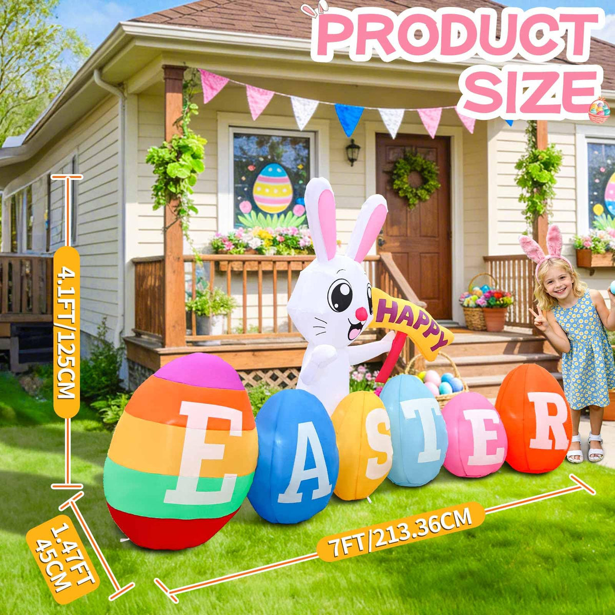 GIGLIM 7ft bunny and Happy Easter sign create family friendly outdoor decor.