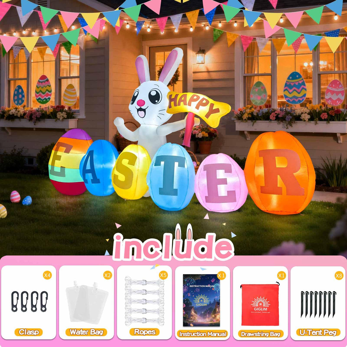 GIGLIM inflatable secured with 8 stakes and wind ropes for stability.