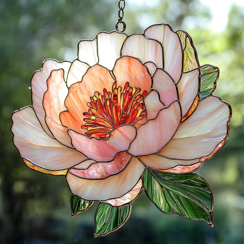 GIKZO Peony acrylic suncatcher radiates rainbow light through sunlit windows.