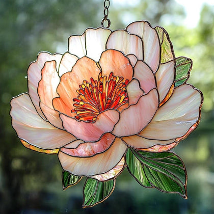 GIKZO Peony acrylic suncatcher radiates rainbow light through sunlit windows.