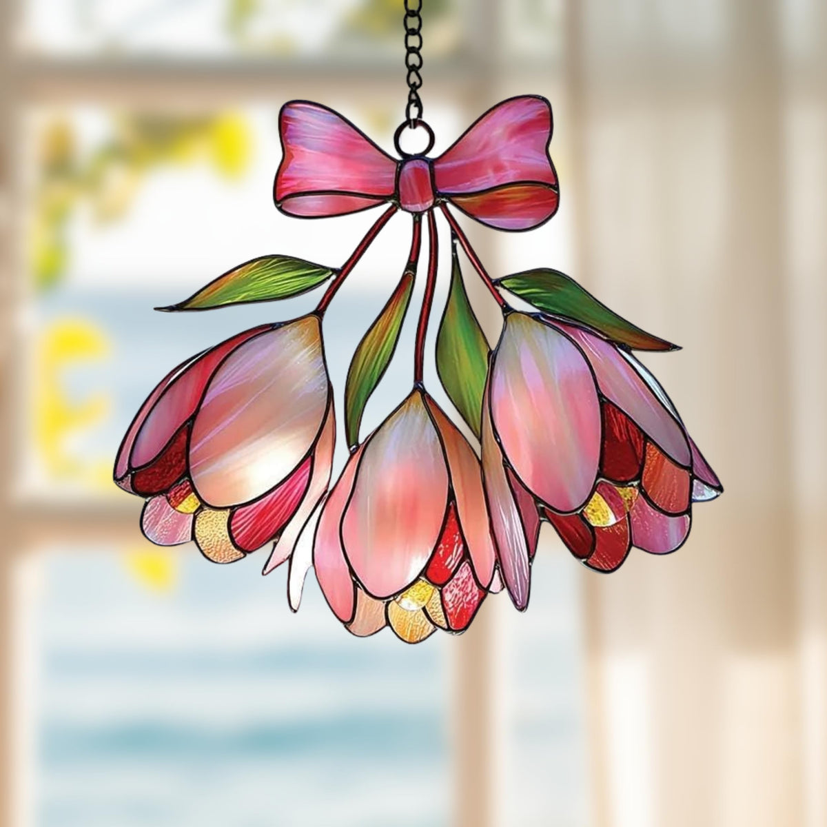 GIKZO Pink Bell Flower Acrylic Suncatcher catching sunlight with rainbow hues.