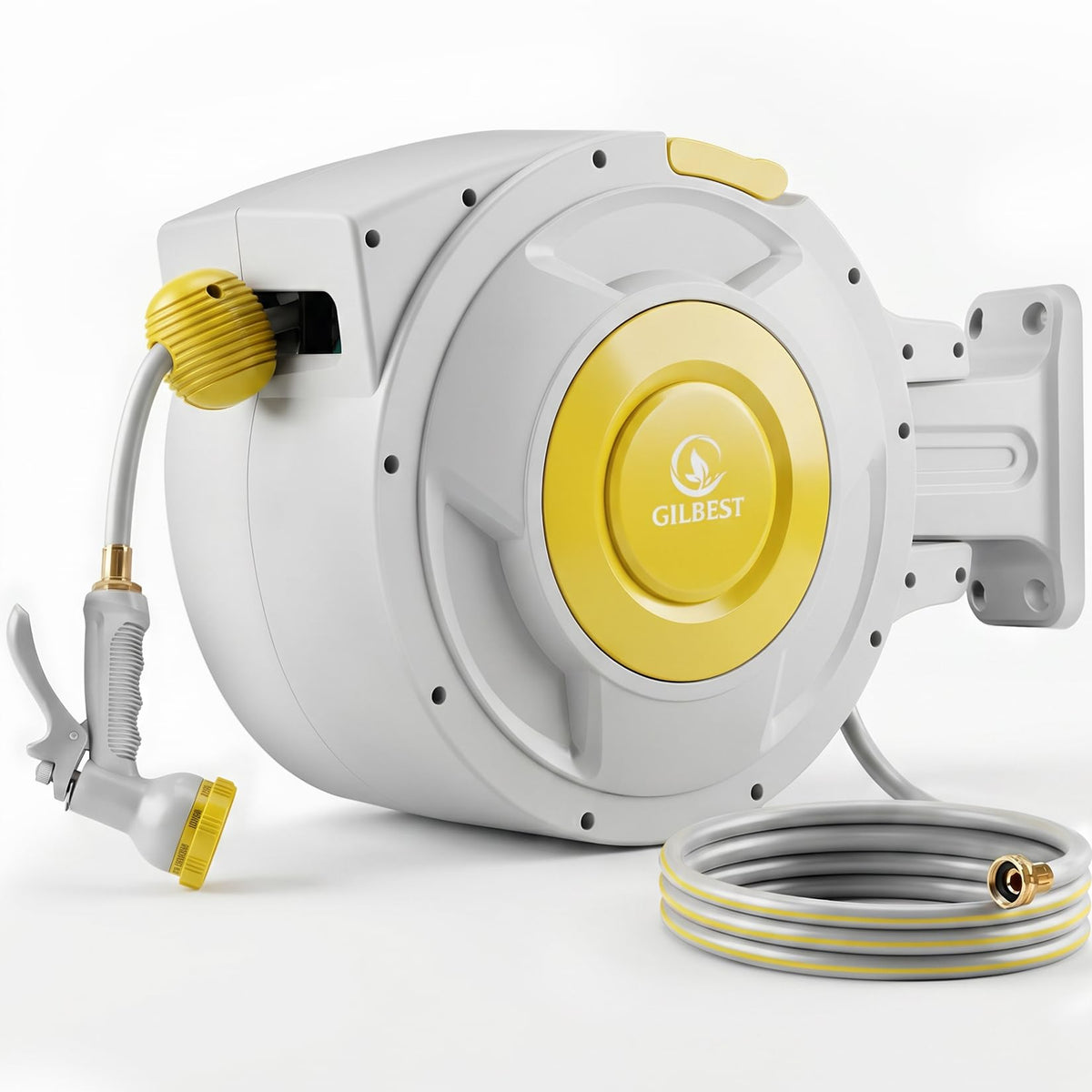 GILBEST 130 ft retractable hose reel mounted on wall for convenient watering.