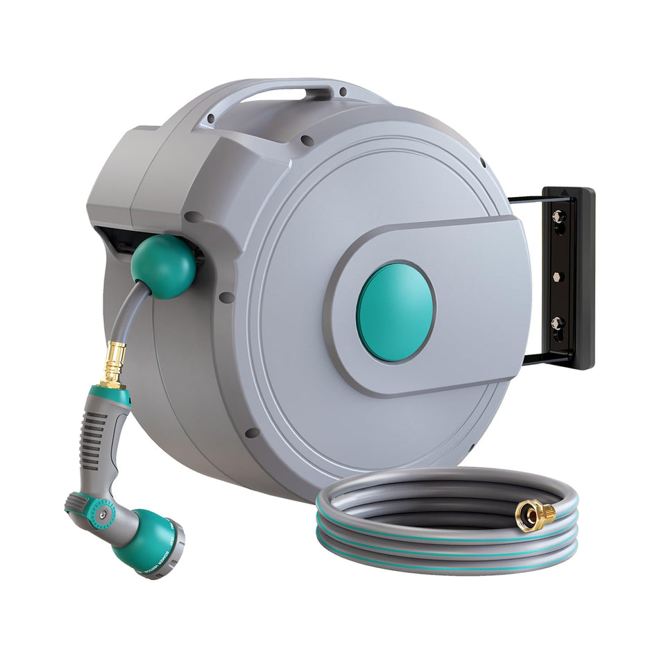 GILBEST retractable hose reel on a wall with 100 ft reach for easy watering.