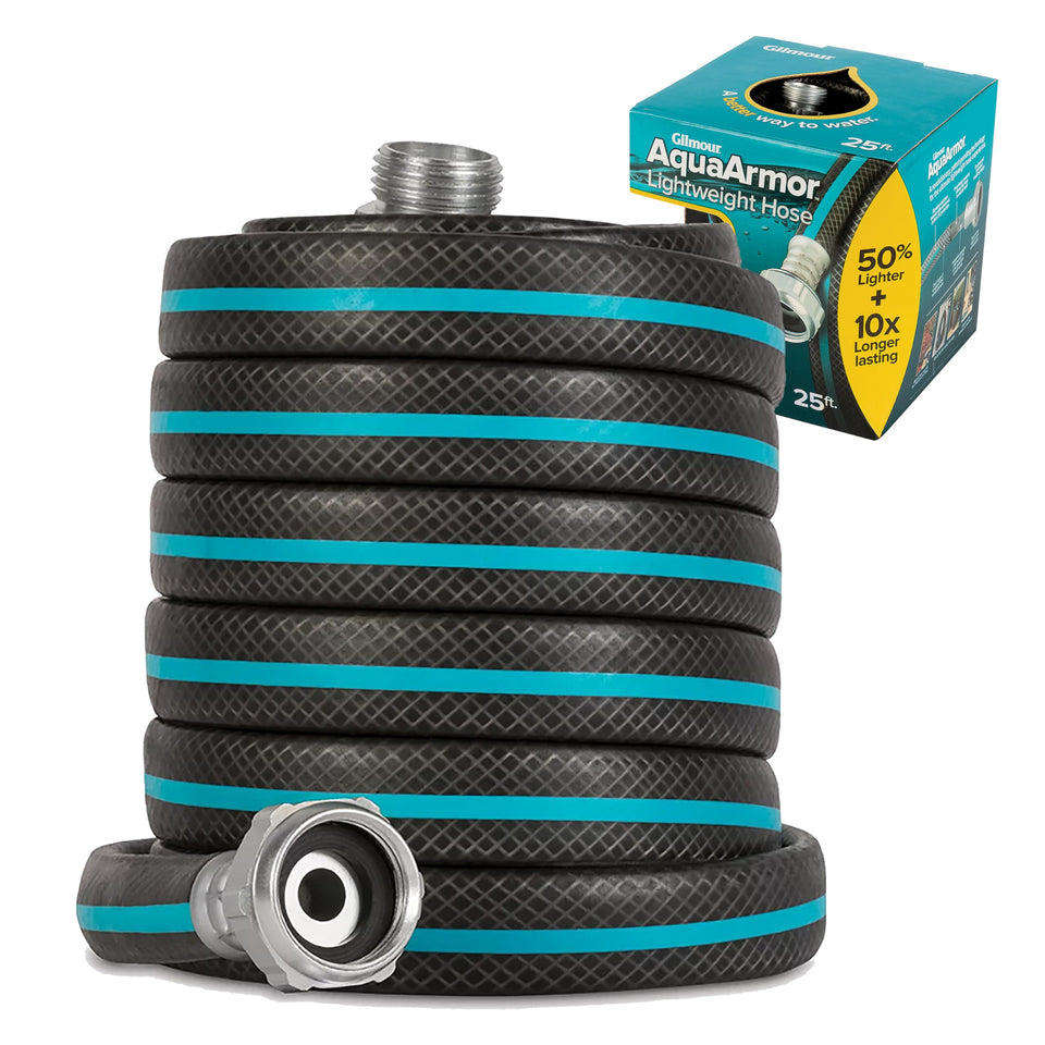 Gilmour AquaArmor 25ft hose stored flat for quick setup.