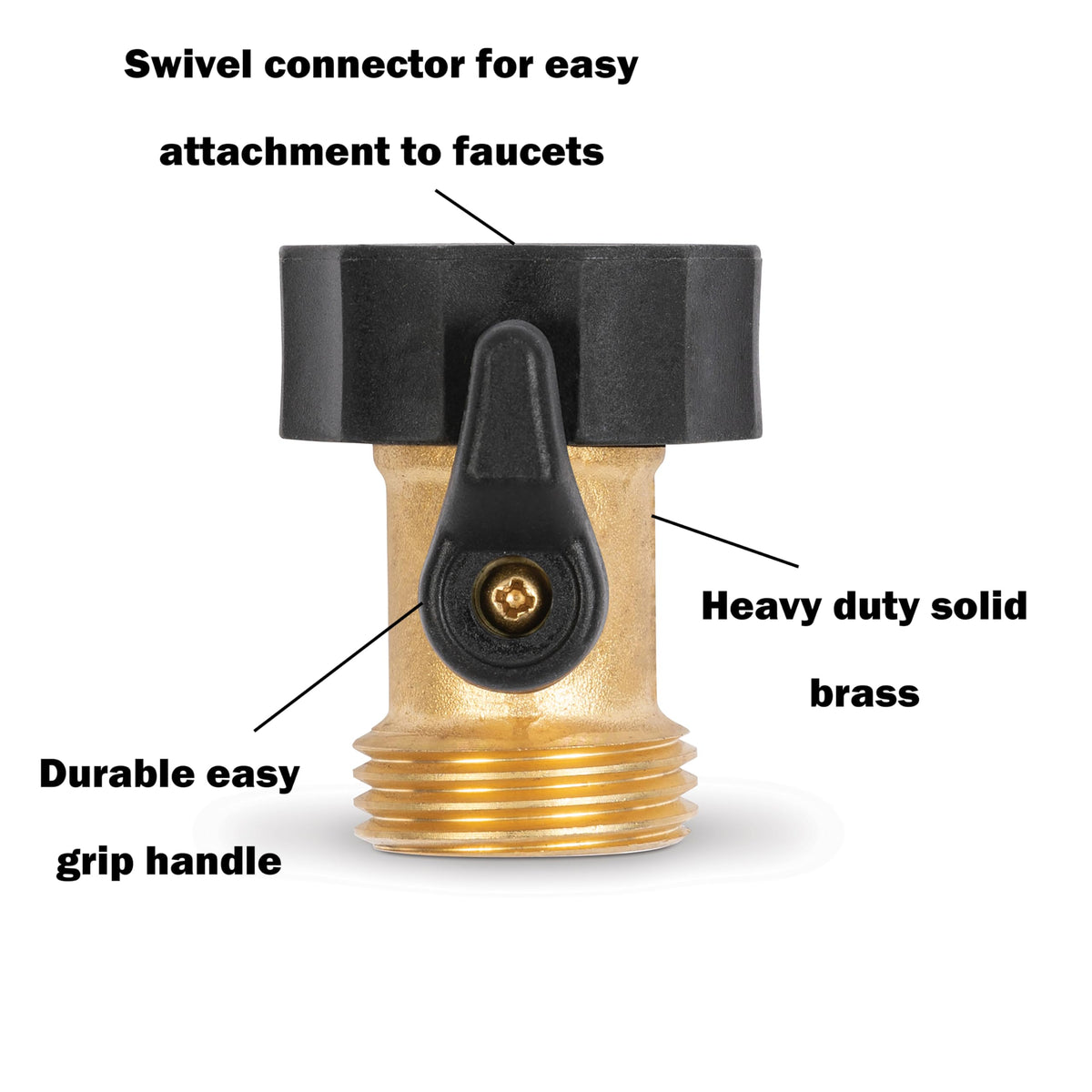 Gilmour brass shut-off valve with swivel coupling for leak-proof spigot fit