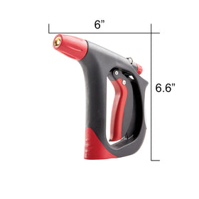 Gilmour nozzle with adjustable front tip switches from jet to gentle rinse.