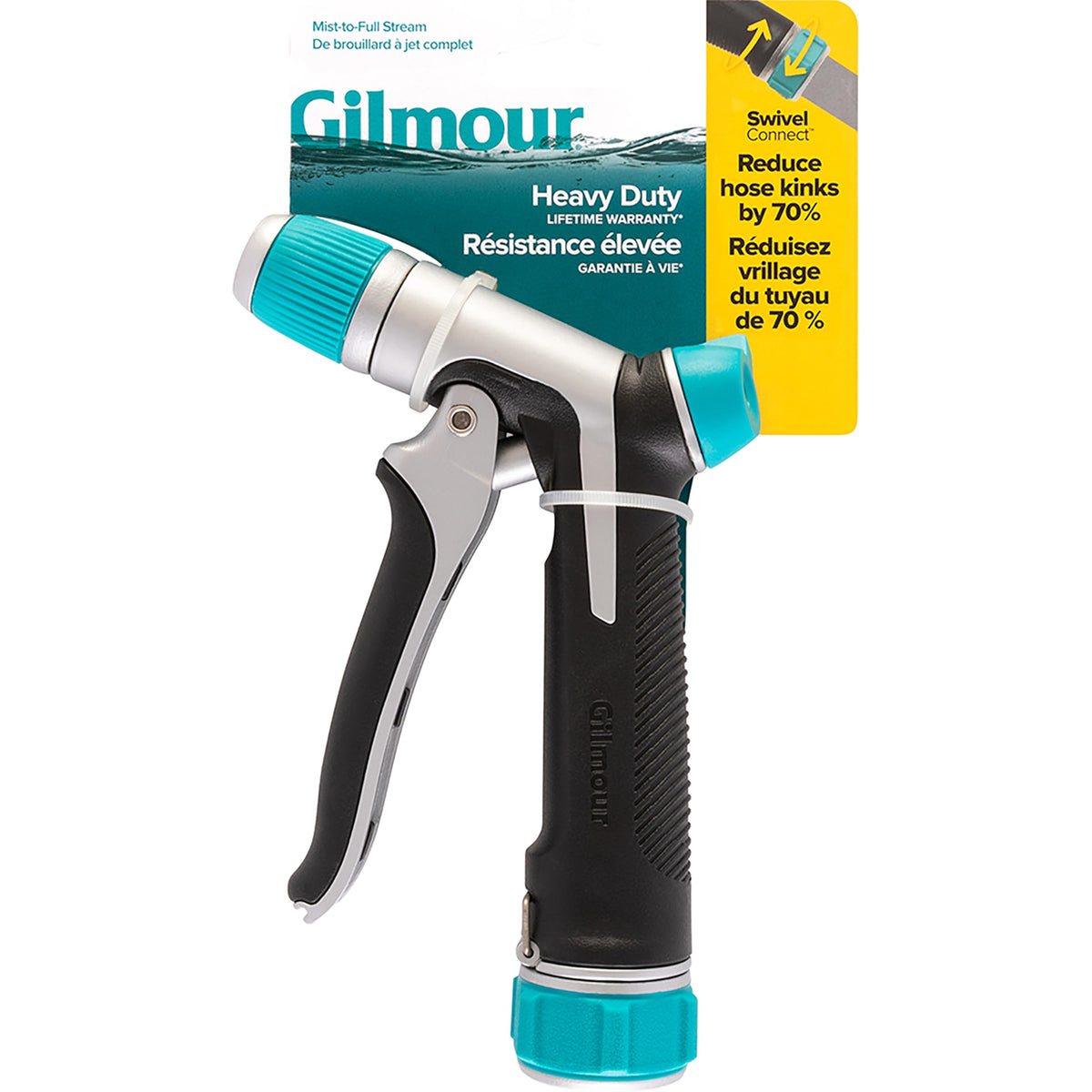 Gilmour front-control nozzle with adjustable spray pattern for precise watering and mist.