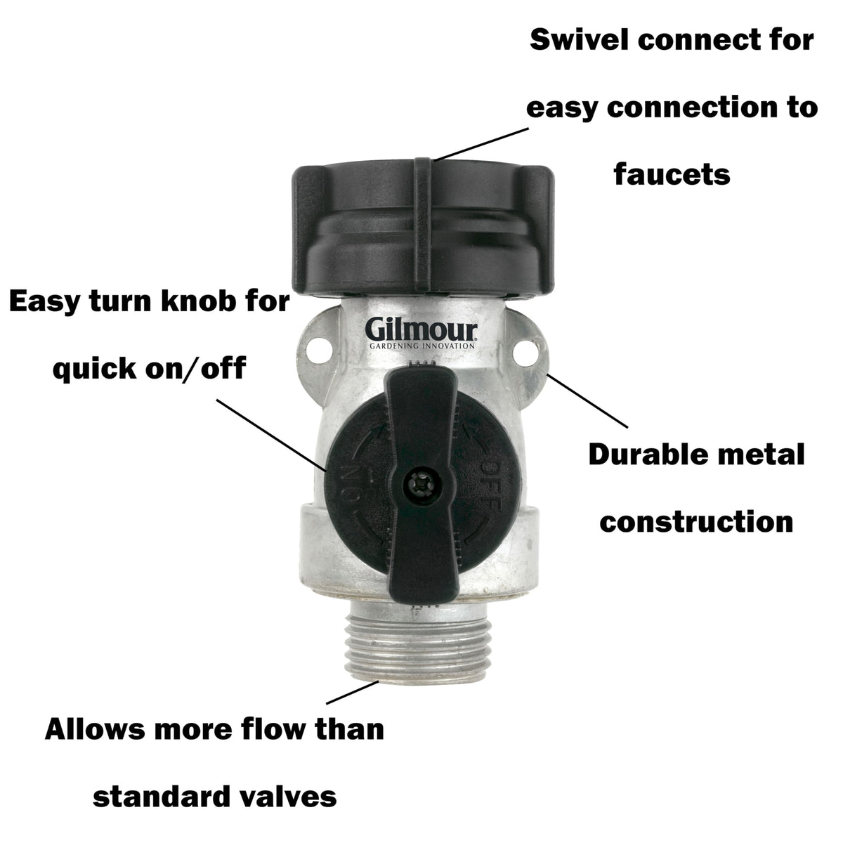 Gilmour full-flow valve knob provides smooth water control.