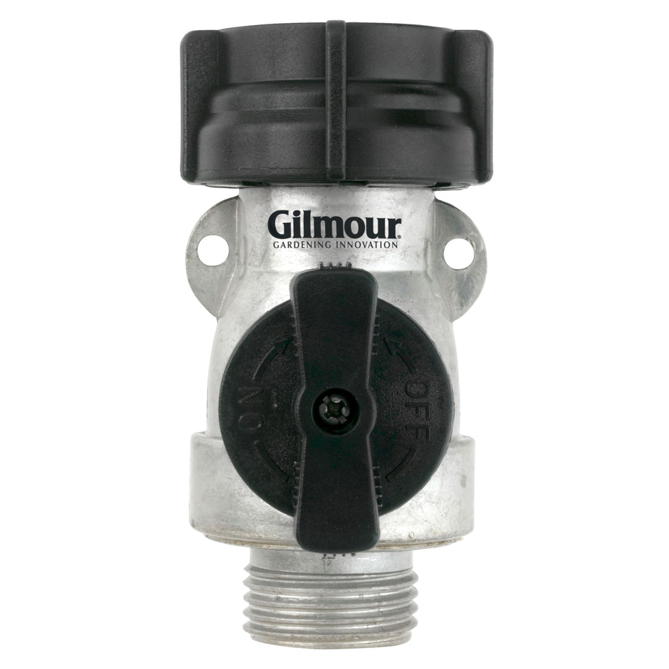 Gilmour aluminum garden hose shut-off valve for durable, leak-free control.