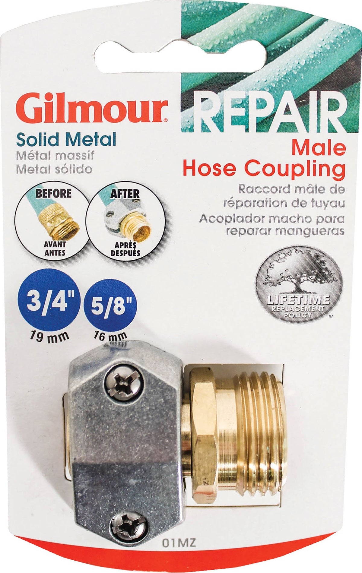 Gilmour heavy-duty clamp coupling securing a 5/8 inch hose for a strong, leakproof connection.