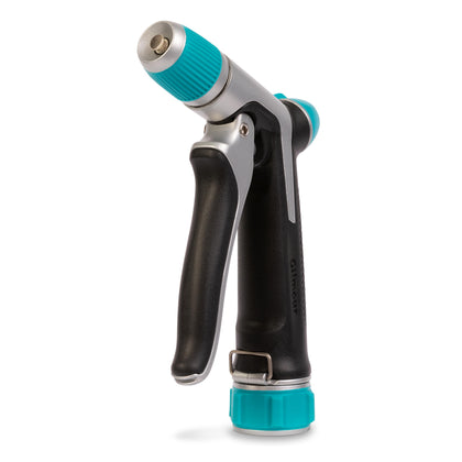Gilmour heavy-duty front-control nozzle with pivot reduces hose twisting for smoother watering.