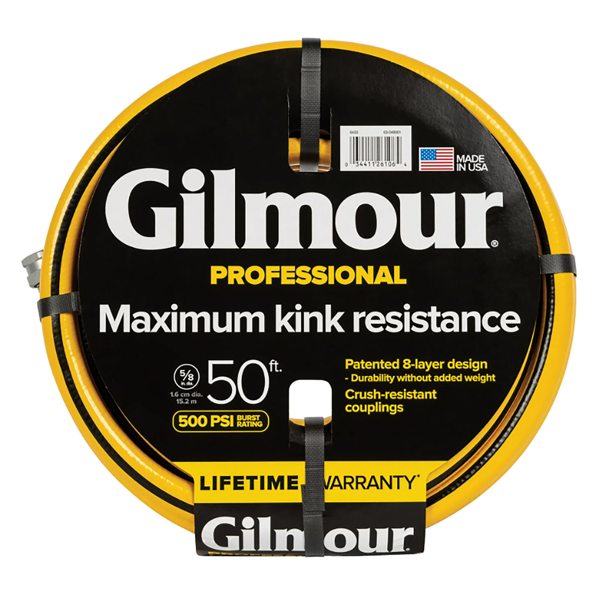 Gilmour heavy-duty 50ft hose with strong burst capacity for robust watering.