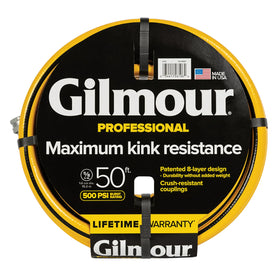 Gilmour heavy-duty 50ft hose with strong burst capacity for robust watering.