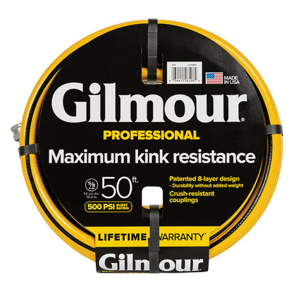 Gilmour heavy-duty 50ft hose with strong burst capacity for robust watering.
