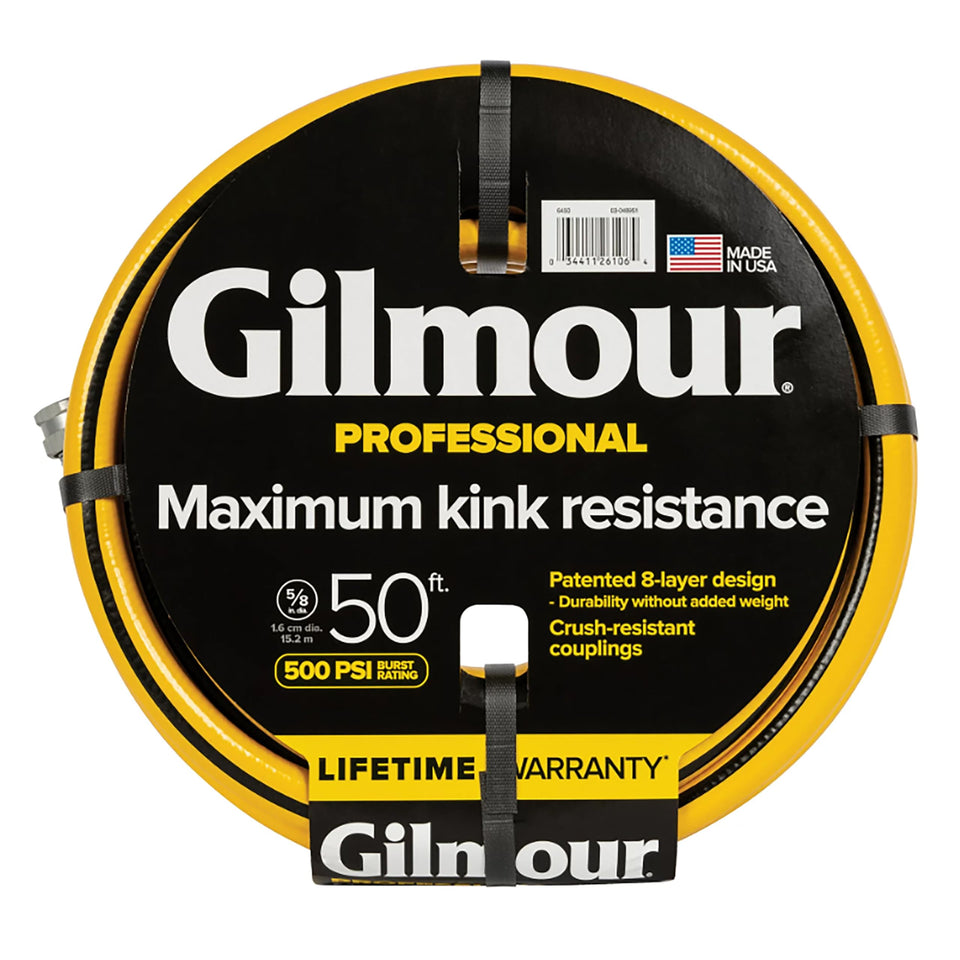 Gilmour heavy-duty 50ft hose with strong burst capacity for robust watering.