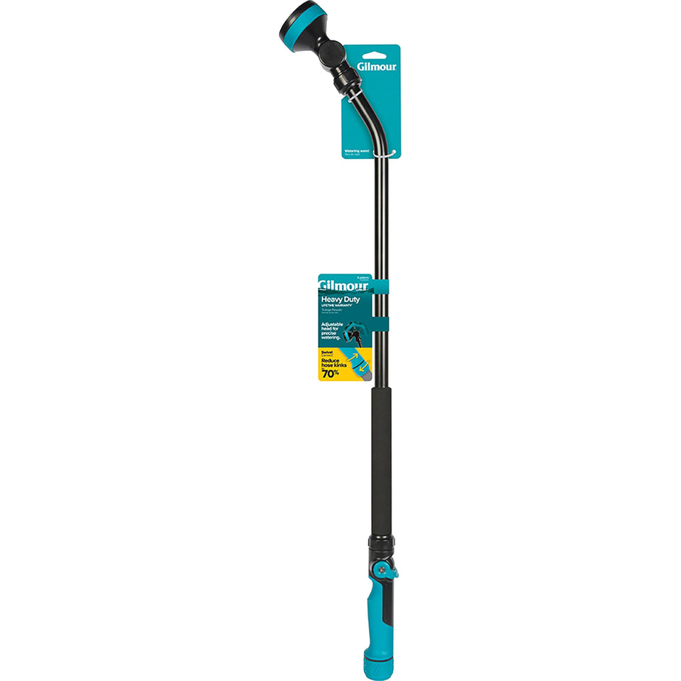 Gilmour heavy-duty swivel connect watering wand with pivoting design reduces hose twists during use.