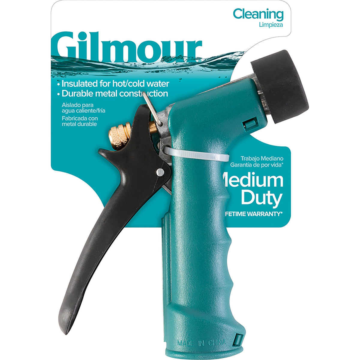 Gilmour insulated grip nozzle with rubber head guard protects threads during use.