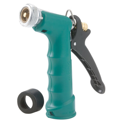 Gilmour insulated grip nozzle with threaded front for easy accessory connection.