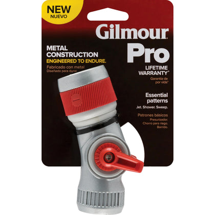 Gilmour Pro 3-pattern nozzle close-up showing versatile spray options.