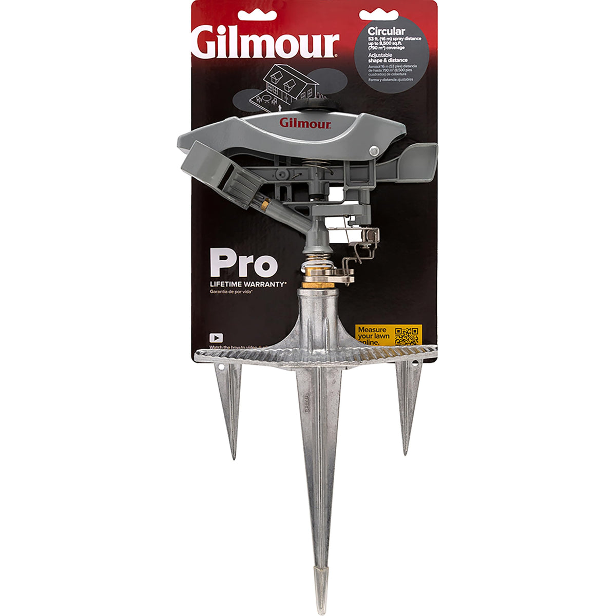 GILMOUR Pro rotating head with adjustable pattern for versatile lawn coverage.