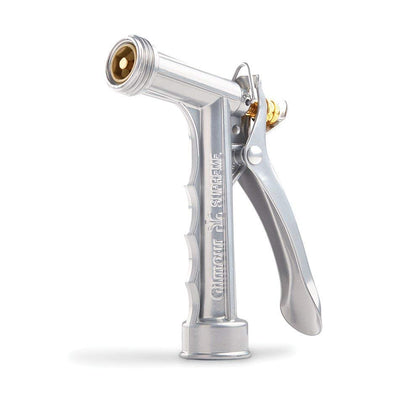 Gilmour solid metal hose spray nozzle front threaded for durable garden watering.