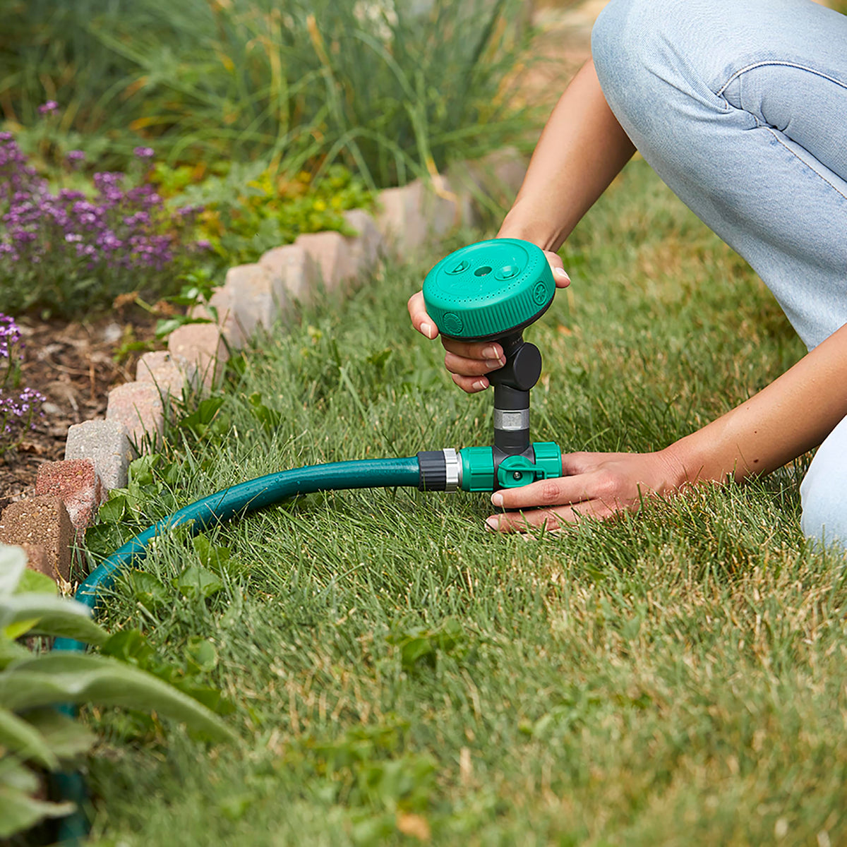 Gilmour sprinkler shows four patterns for versatile garden watering