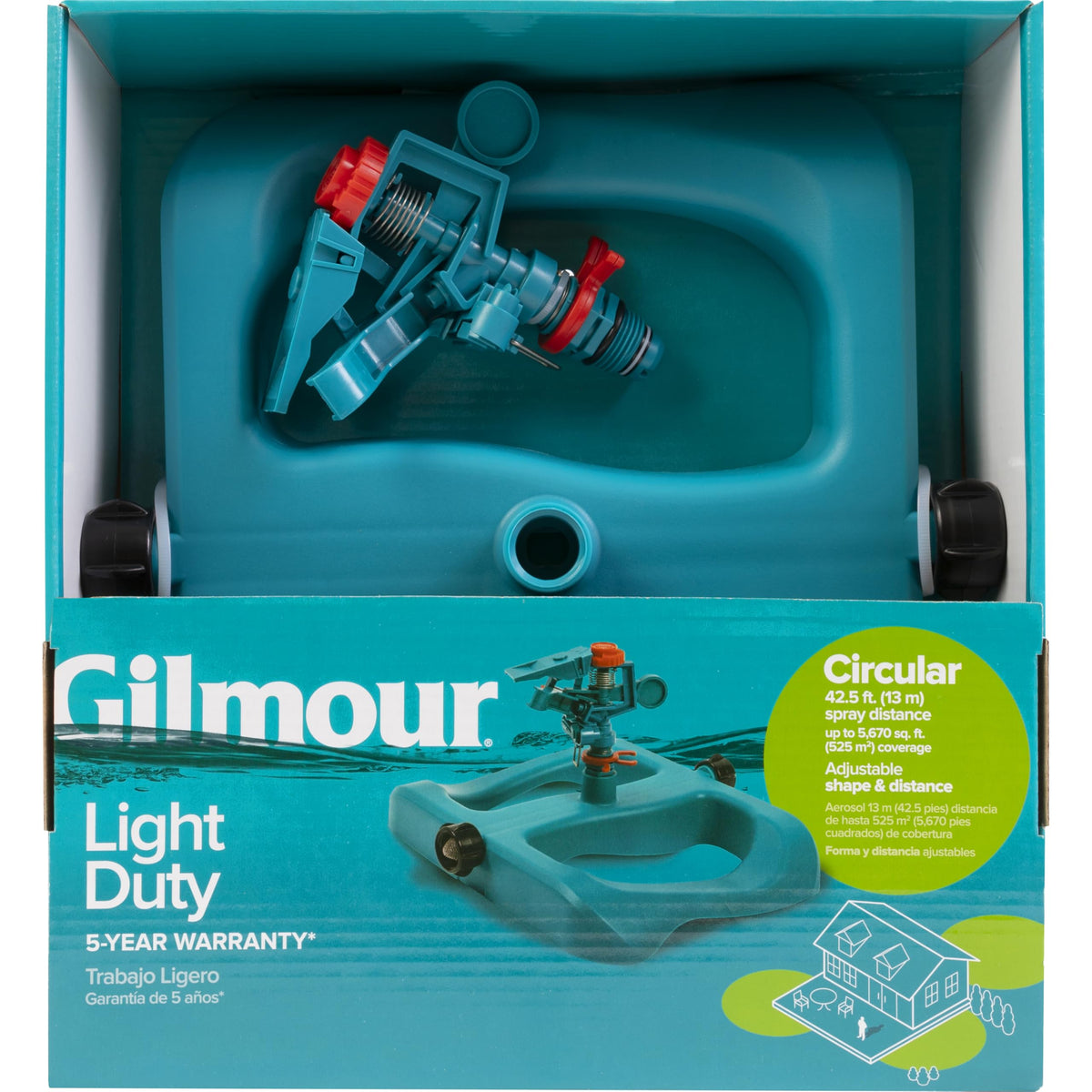 Gilmour sprinkler head with adjustable pattern and diffuser for customizable watering reach.