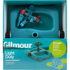 Gilmour sprinkler head with adjustable pattern and diffuser for customizable watering reach.