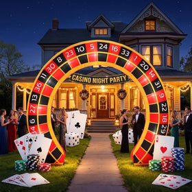 Gilprop casino night arch with LED lights brightens outdoor parties.