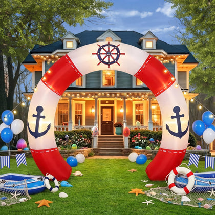 Gilprop nautical arch 10ft with LED lights enhances outdoor party ambiance.