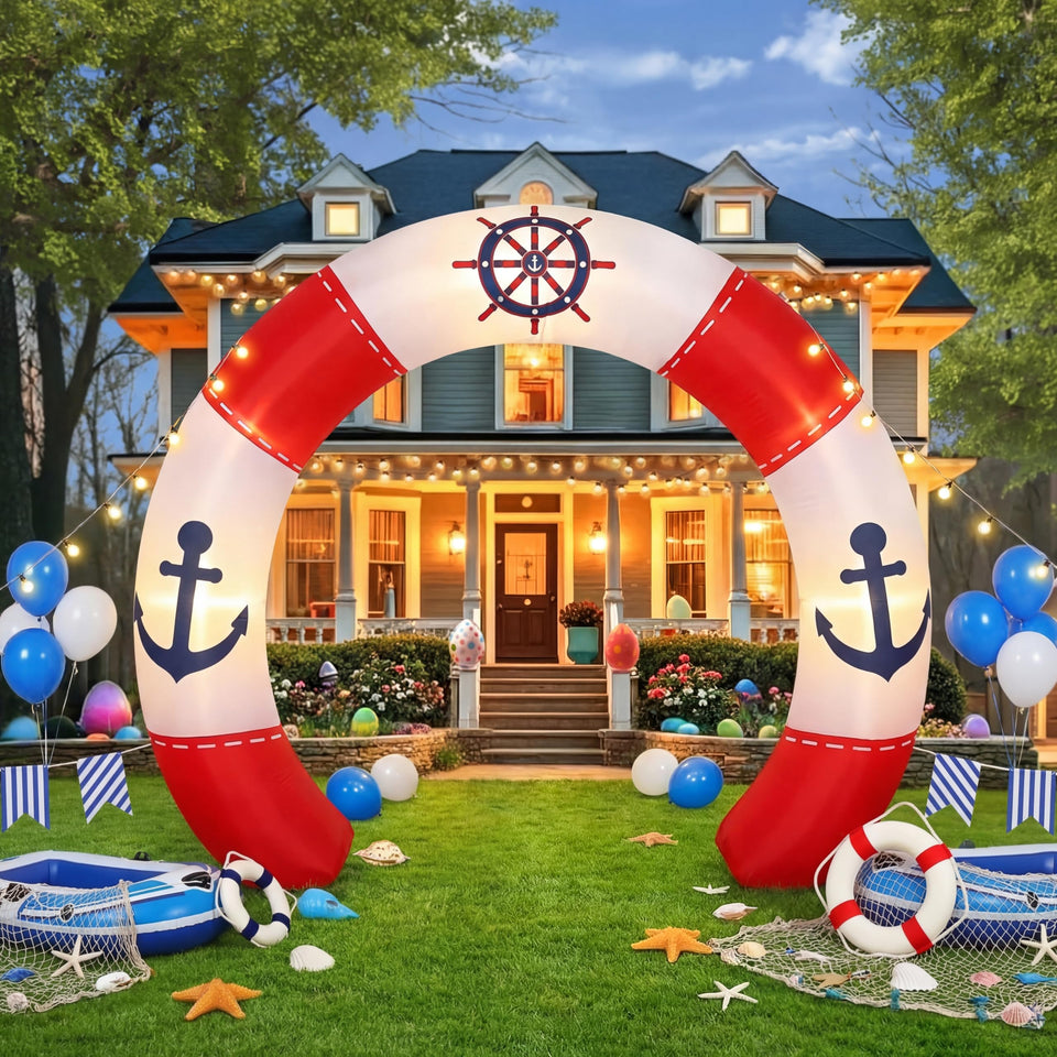 Gilprop nautical arch 10ft with LED lights enhances outdoor party ambiance.