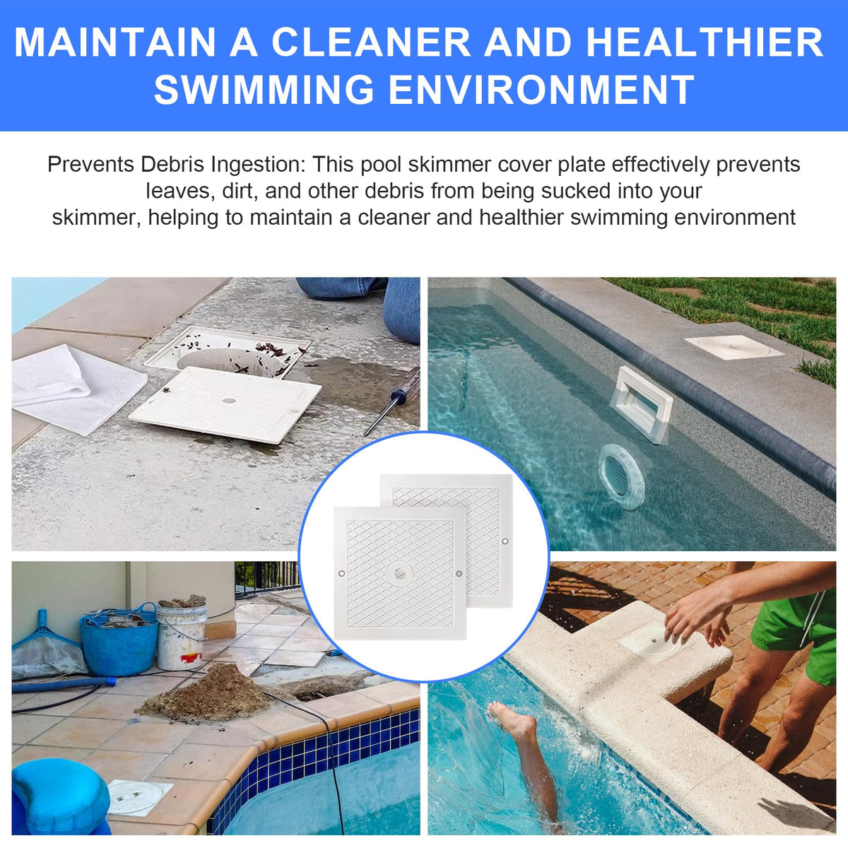 Giokyi 10-inch pool skimmer cover plate installs quickly with no tools.