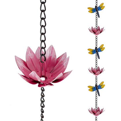 giole rain chain with pink lotus cups enhances outdoor curb appeal.