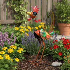 giole metal wacky rooster side view adds playful color to yards.