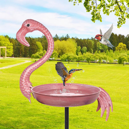 giole pink flamingo bird bath 12-inch dish attracts birds for drinking and bathing