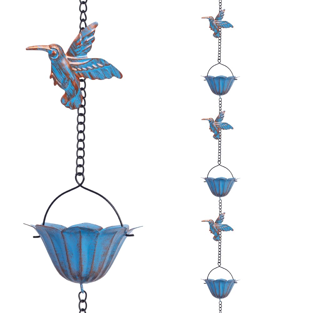 giole rain chain with 12 cups and hummingbirds, top view enhances curb appeal