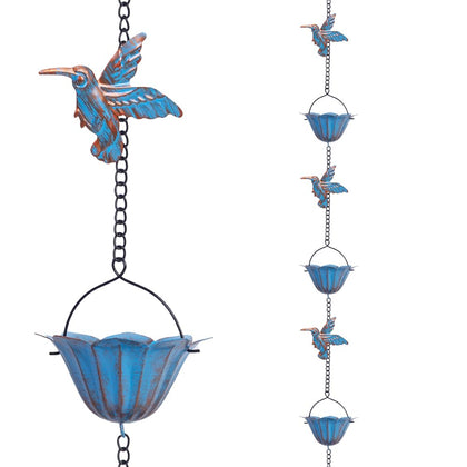 giole rain chain with 12 cups and hummingbirds, top view enhances curb appeal