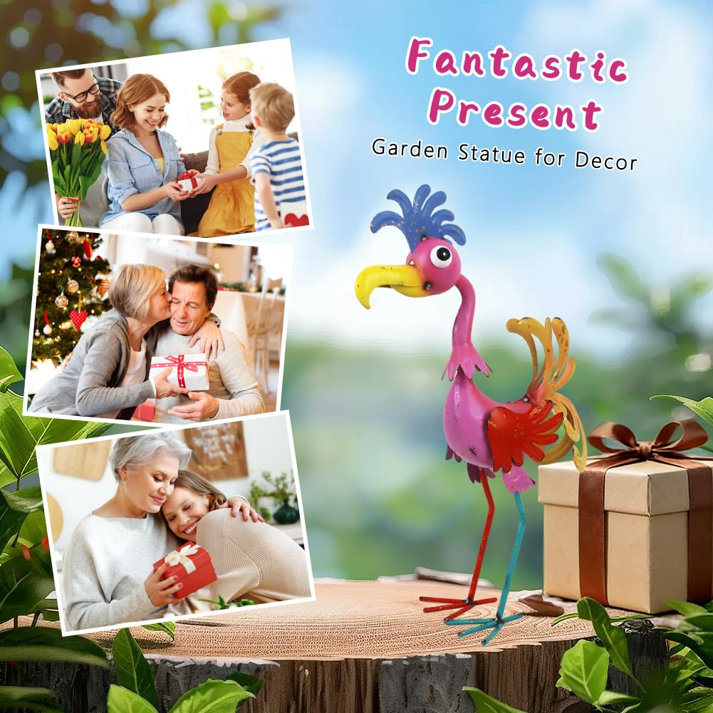 giole rooster statue color finish pops against greenery and stone