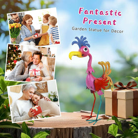 giole rooster statue color finish pops against greenery and stone