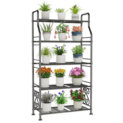 GIOTORENT 5-tier black plant shelf for indoor and outdoor display and organization.