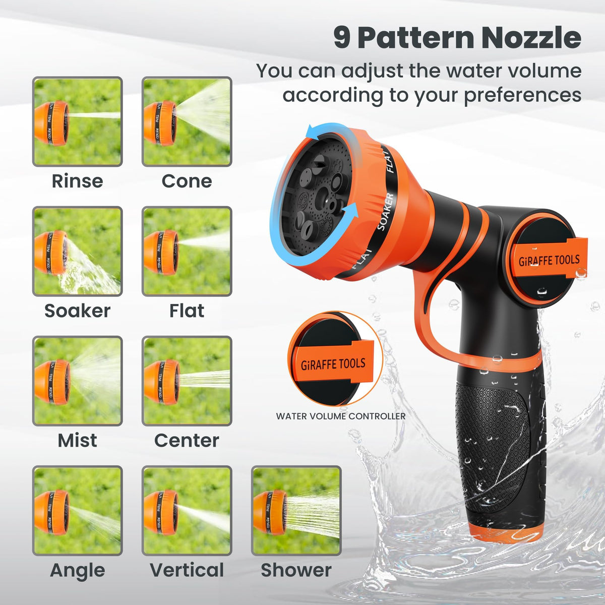 Giraffe Tools 9-function spray nozzle ready for multiple tasks.