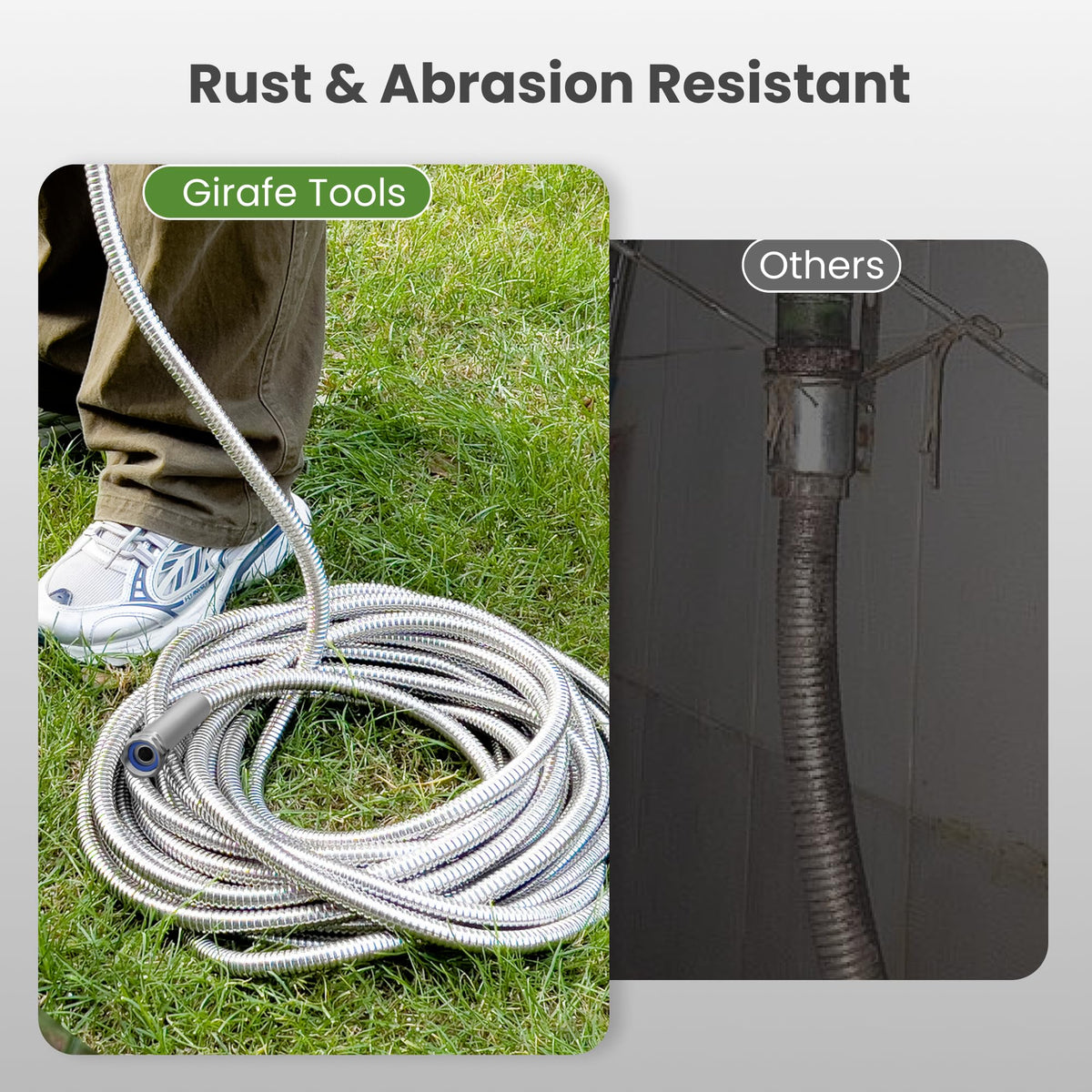 Giraffe Tools all-weather flexible hose remains usable in heat and cold.
